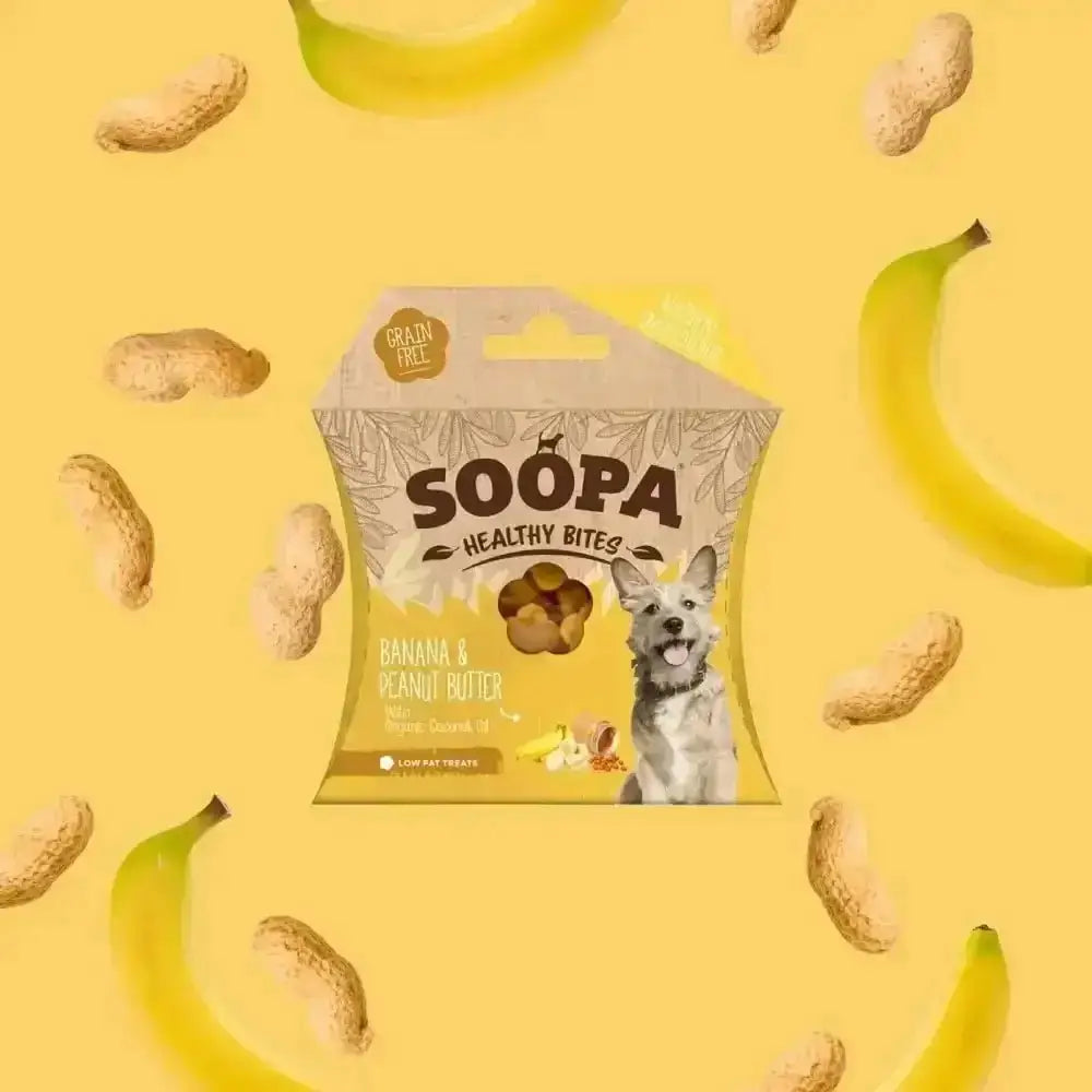 Soopa Banana and Peanut Butter Bites dog treat bag with human grade peanut butter branding