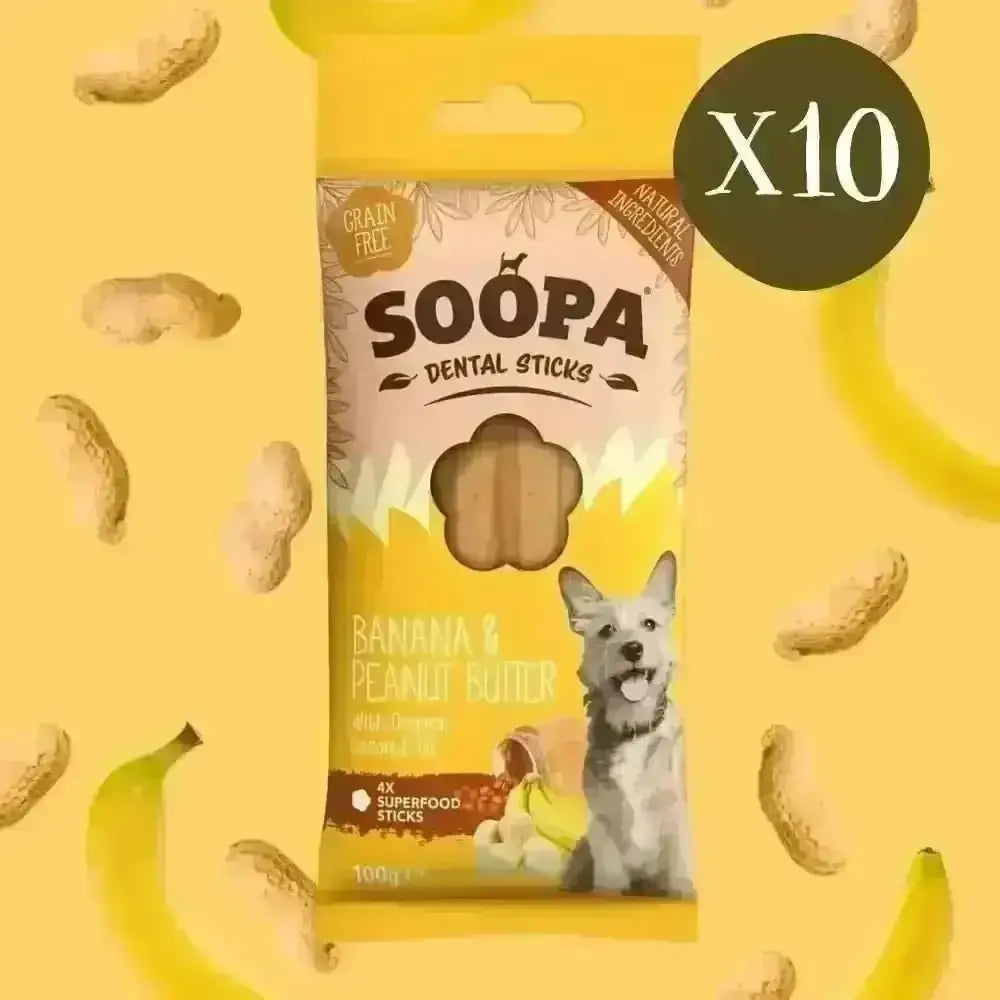Soopa Banana and Peanut Butter Dental Sticks for Dogs in 90g bag with dog image