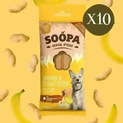 Soopa Banana and Peanut Butter Dental Sticks for Dogs in 90g bag with dog image