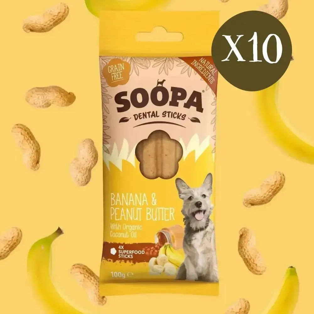 Soopa Banana and Peanut Butter Dental Sticks for Dogs in 90g bag with dog image