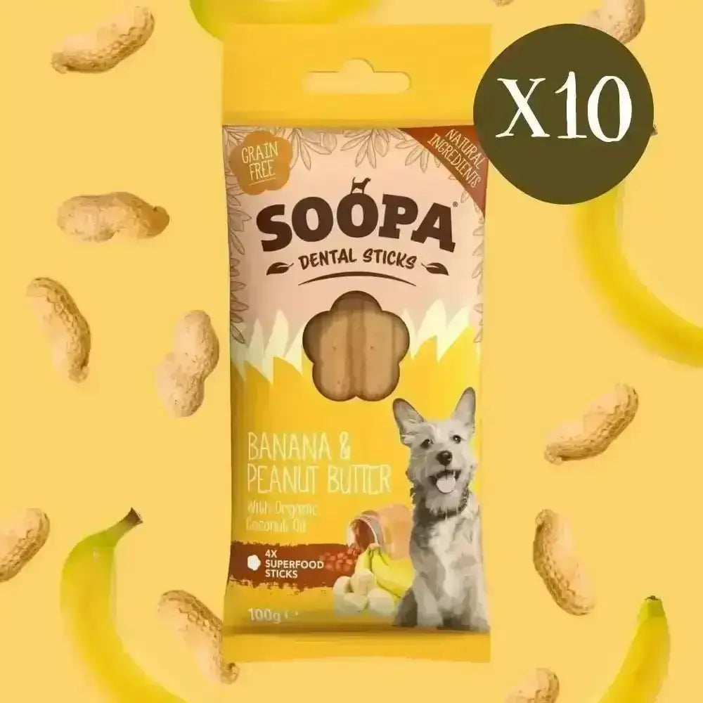Soopa Banana and Peanut Butter Dental Sticks for Dogs in 90g bag with dog image
