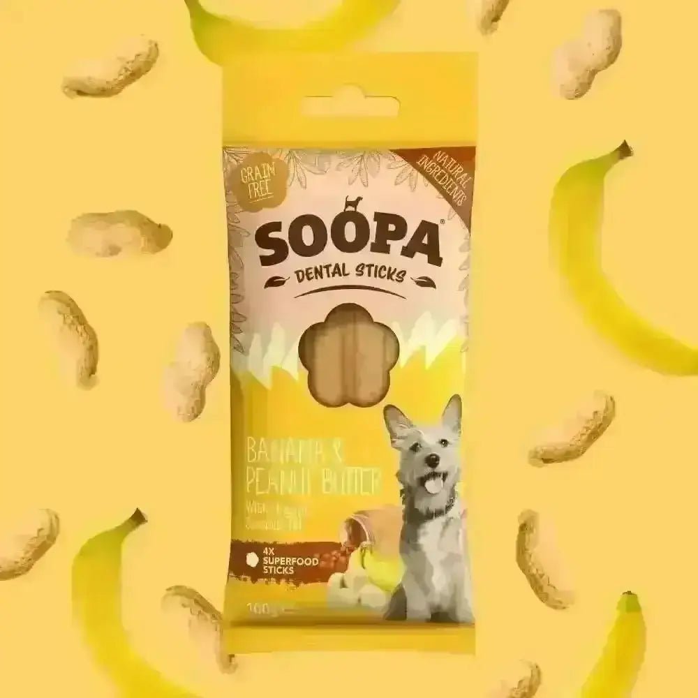 Soopa Banana and Peanut Butter Dental Sticks for dogs, grain-free, wood material, peanut butter dental treat