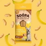 Soopa Banana and Peanut Butter Dental Sticks for dogs, grain-free, wood material, peanut butter dental treat