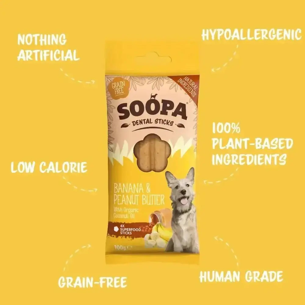 Soopa Banana and Peanut Butter Dental Sticks with hypoallergenic, grain-free ingredients