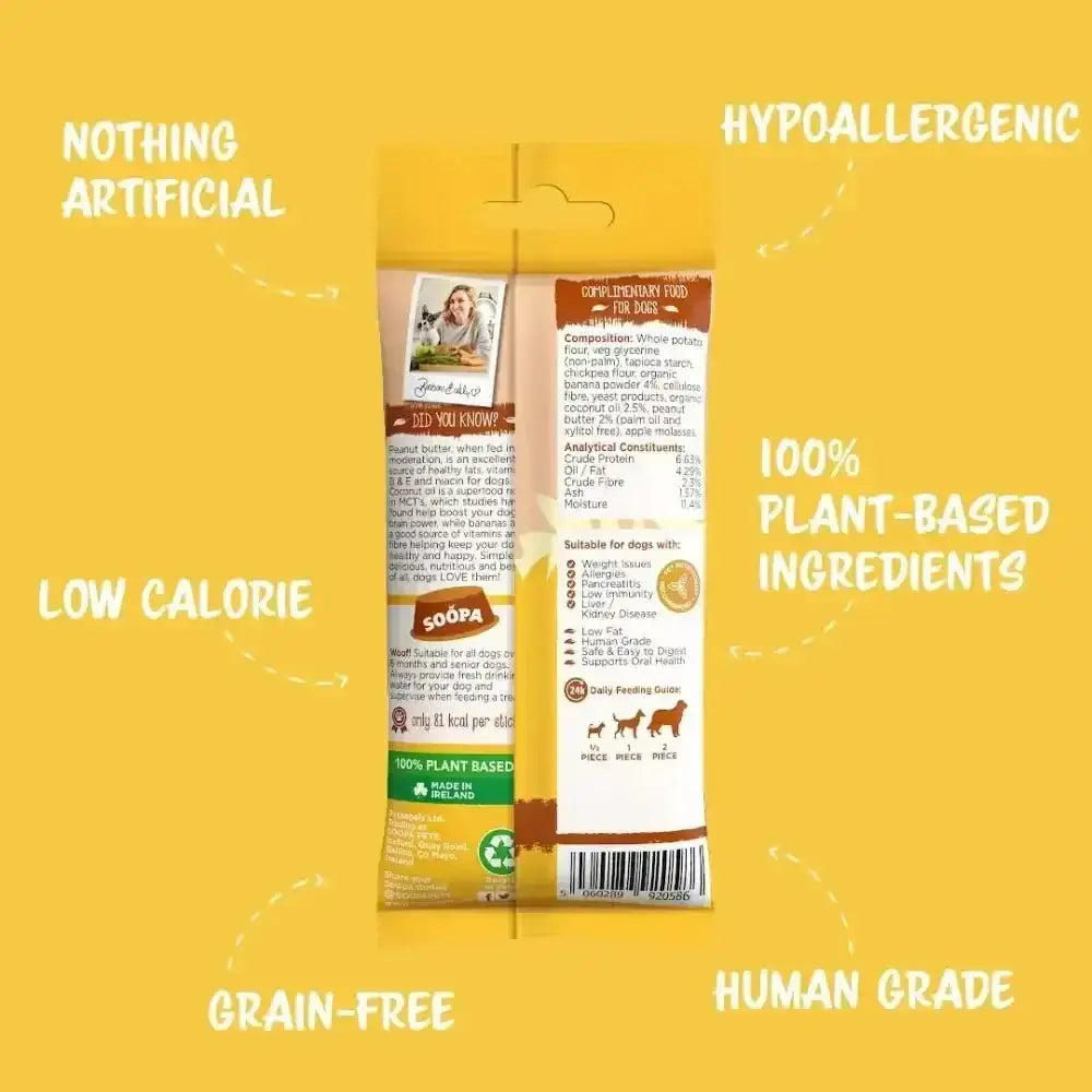 Human-grade Soopa Banana & Peanut Butter Dental Sticks with plant-based, hypoallergenic ingredients