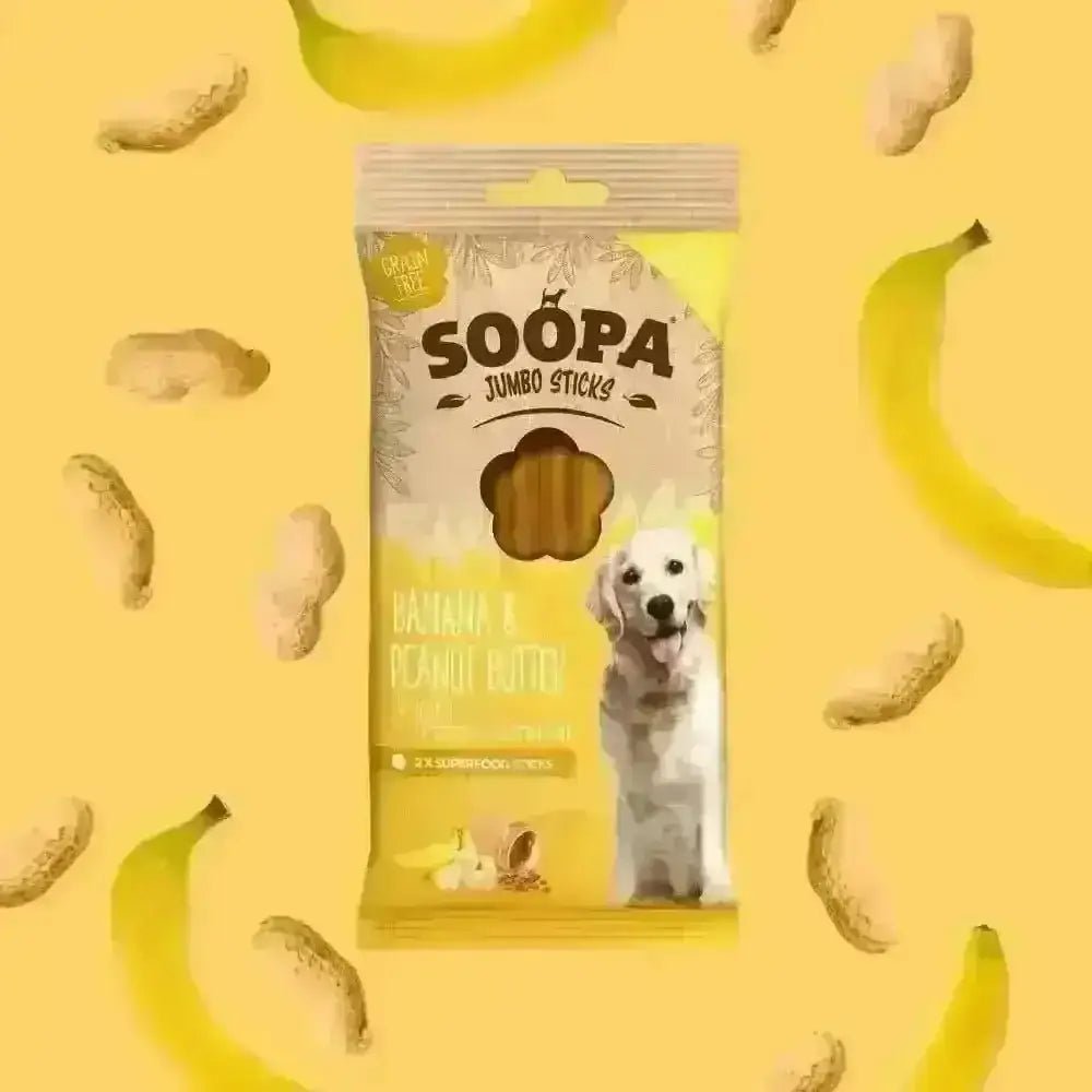 Soopa Banana & Peanut Butter Jumbo Dental Sticks in yellow packaging