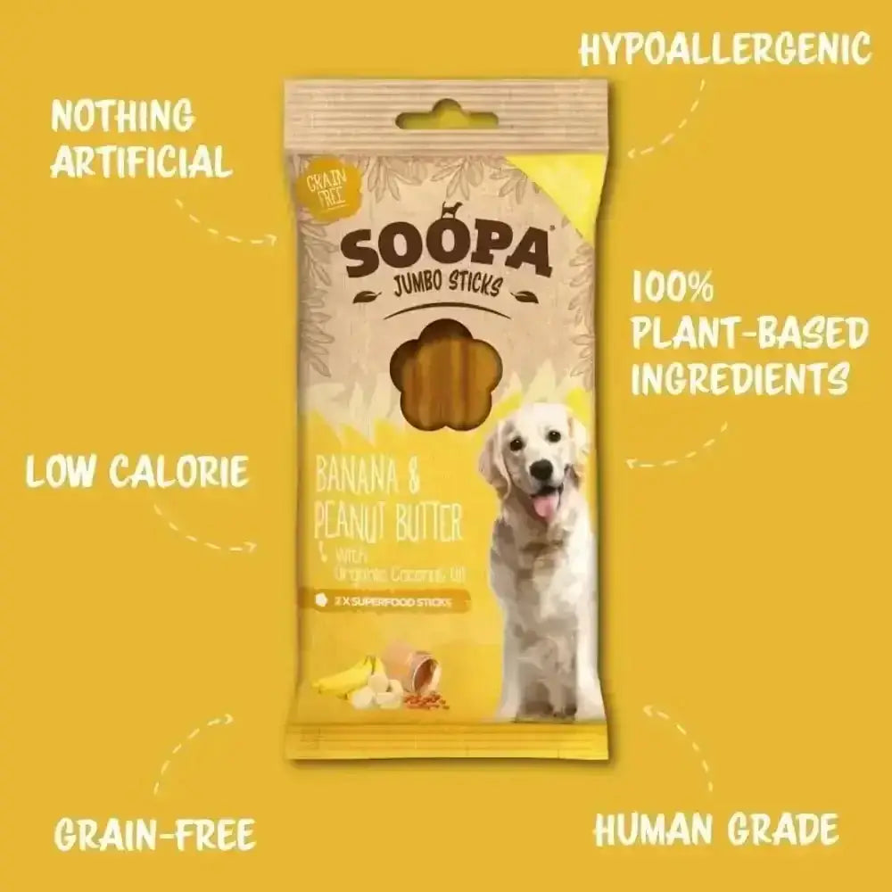 Soopa Banana & Peanut Butter Jumbo Dental Sticks bag with treats