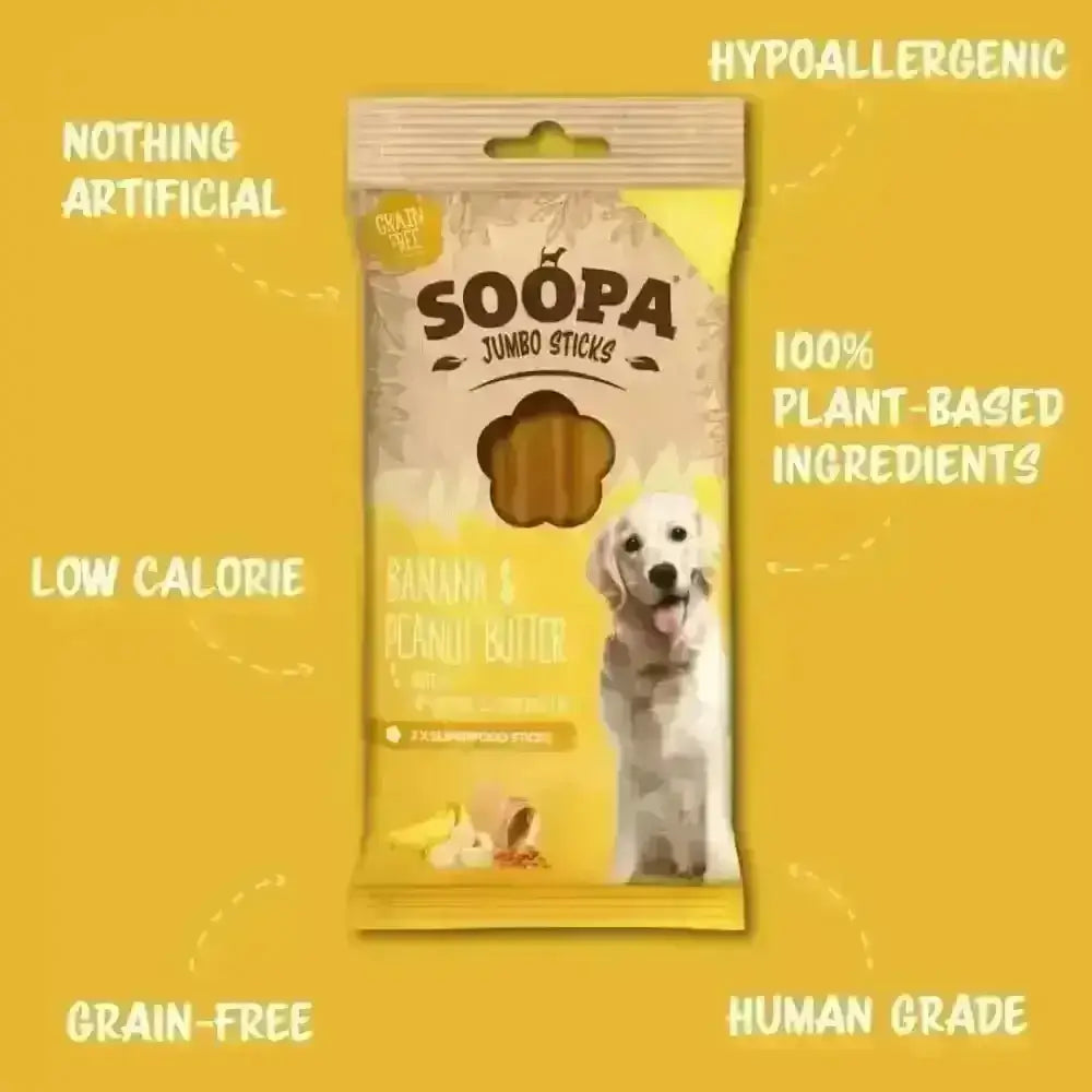 Soopa Banana & Peanut Butter Jumbo Dental Sticks bag with treats
