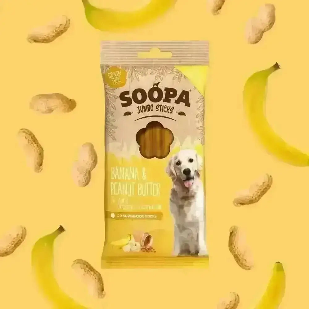 Soopa Banana & Peanut Butter Jumbo Dental Sticks in yellow packaging