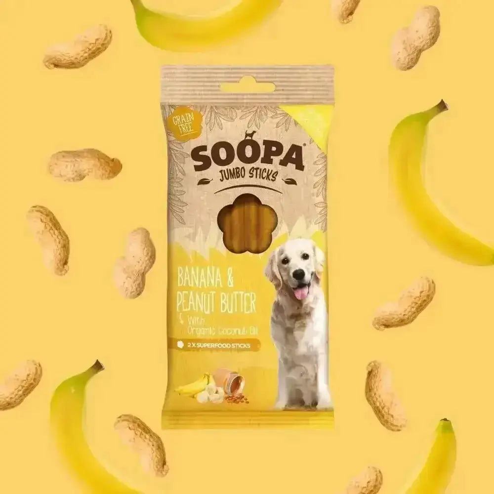 Soopa Banana & Peanut Butter Jumbo Dental Sticks in yellow packaging