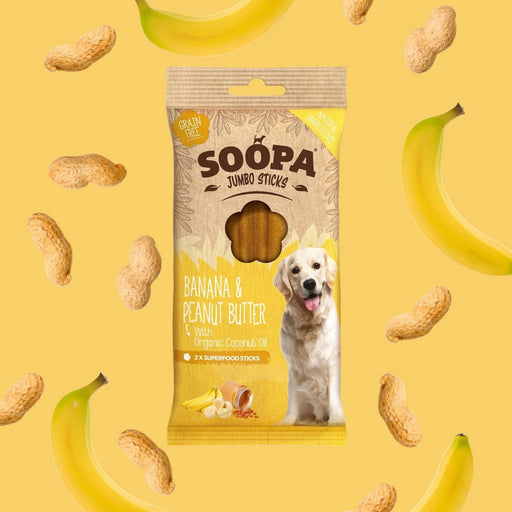 Soopa Banana & Peanut Butter Jumbo Sticks Natural Low Fat Dog Chews Made From Fruit And Vegetables.