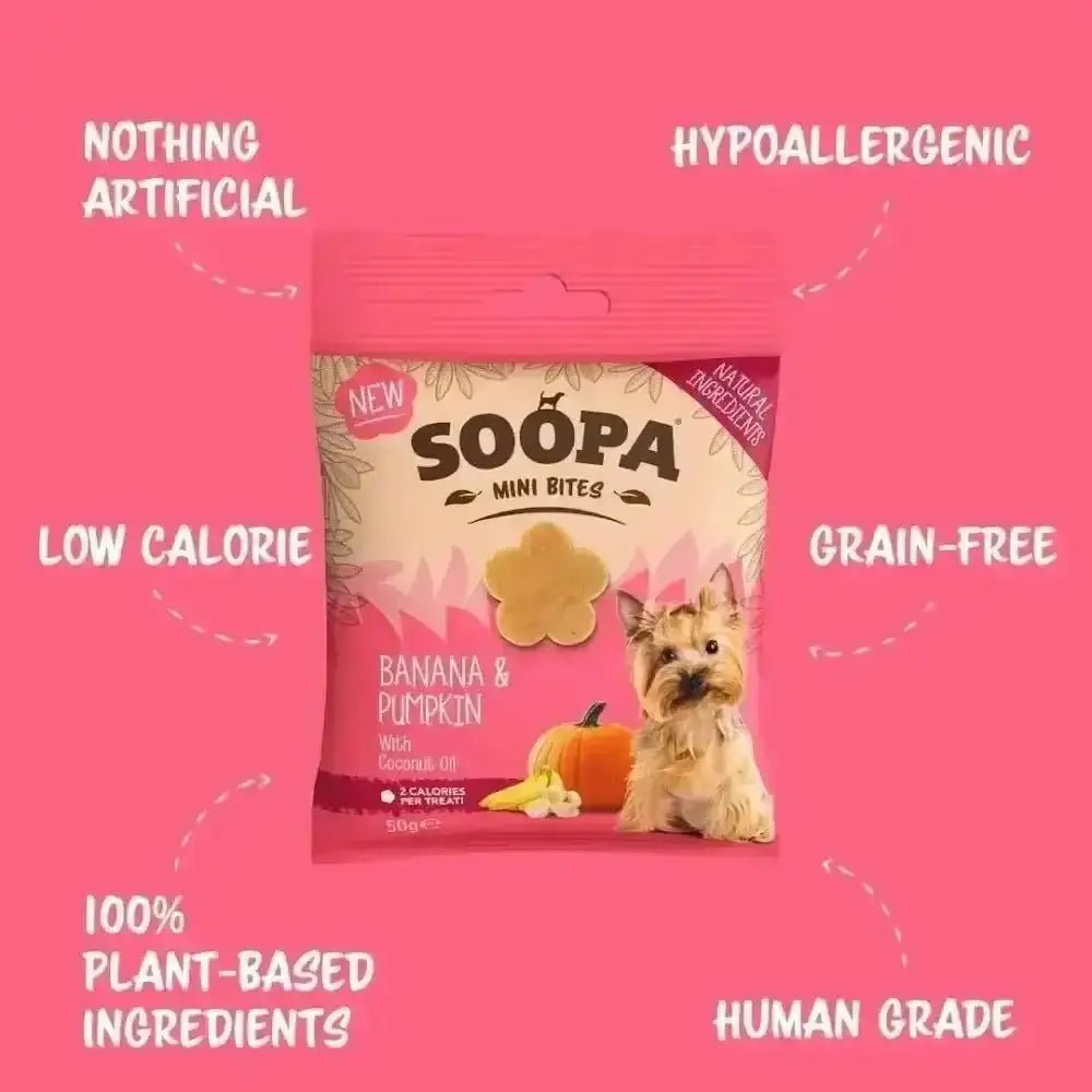 Soopa Banana healthy bites for mini dogs in pink bag