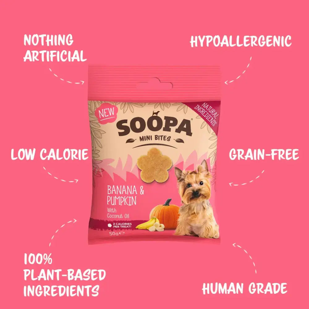 Soopa Banana healthy bites for mini dogs in pink bag