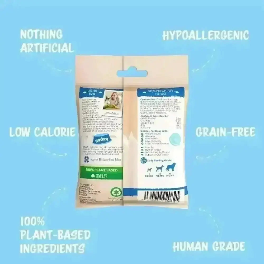Healthy plant-based pumpkin puppy bites in beige and blue packaging by Soopa Banana