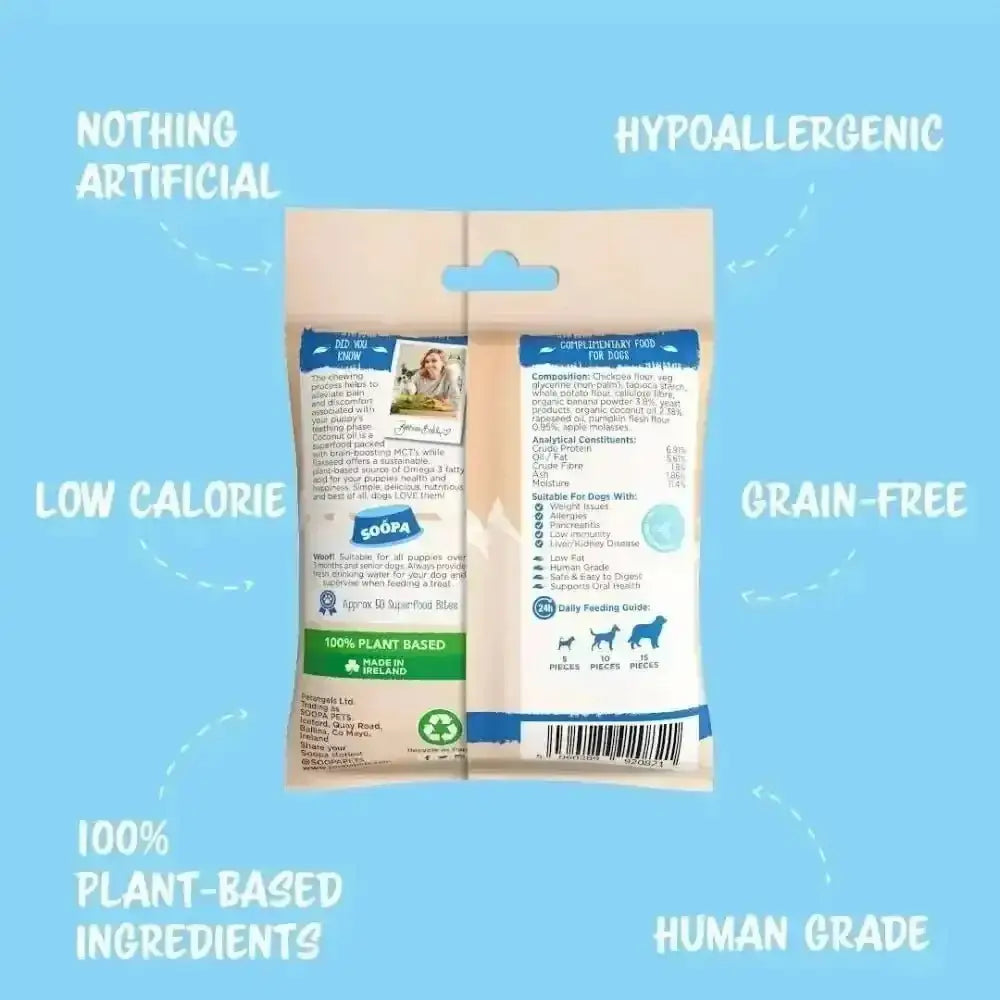 Healthy plant-based pumpkin puppy bites in beige and blue packaging by Soopa Banana