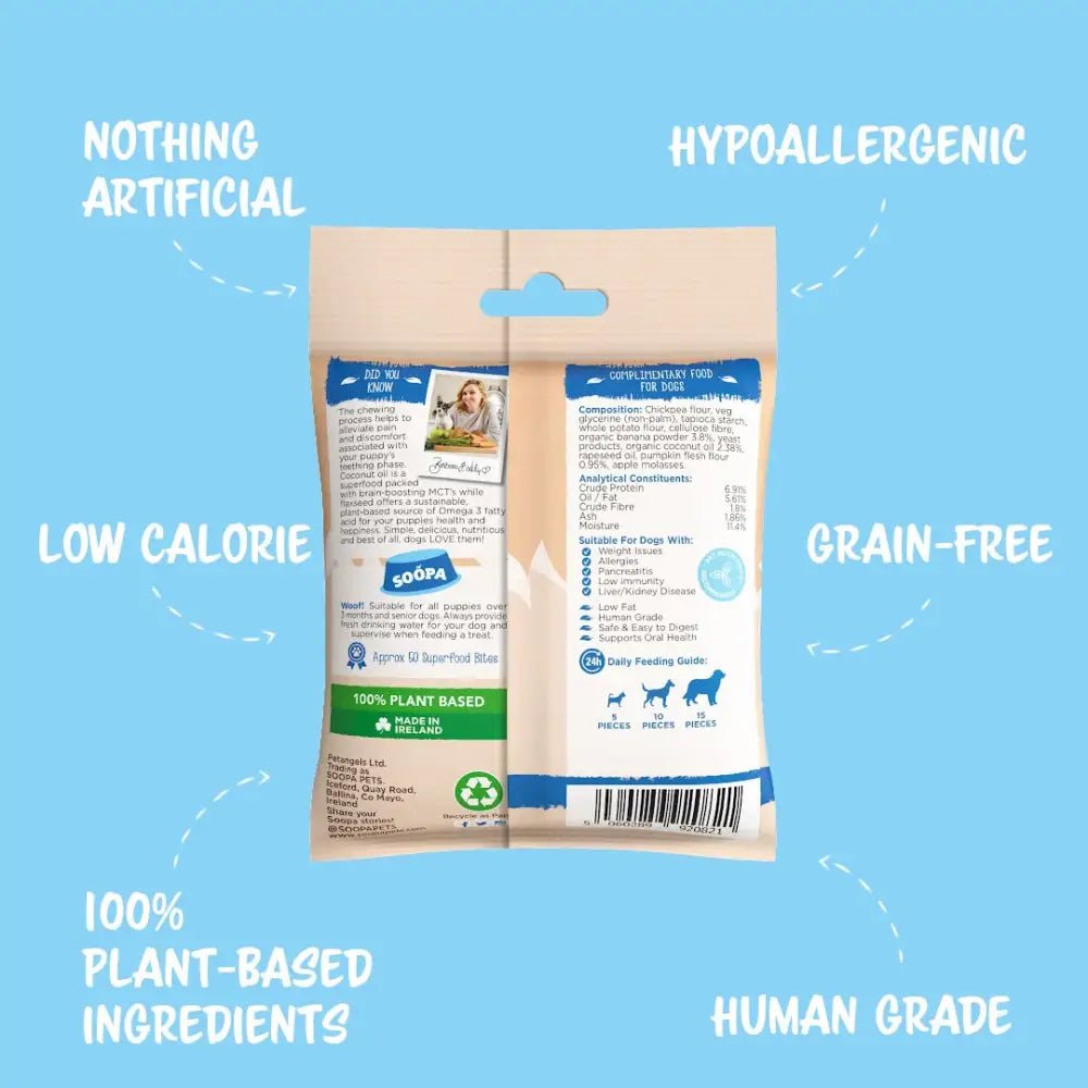 Healthy plant-based pumpkin puppy bites in beige and blue packaging by Soopa Banana