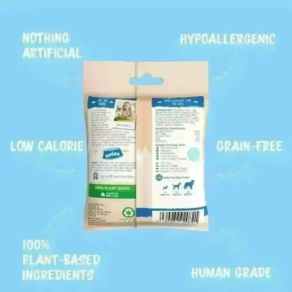 100% plant-based Soopa Banana & Pumpkin Puppy Bites in beige and blue packaging