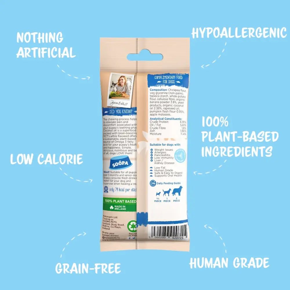 Human-grade pumpkin puppy dental sticks with plant-based ingredients and hypoallergenic label