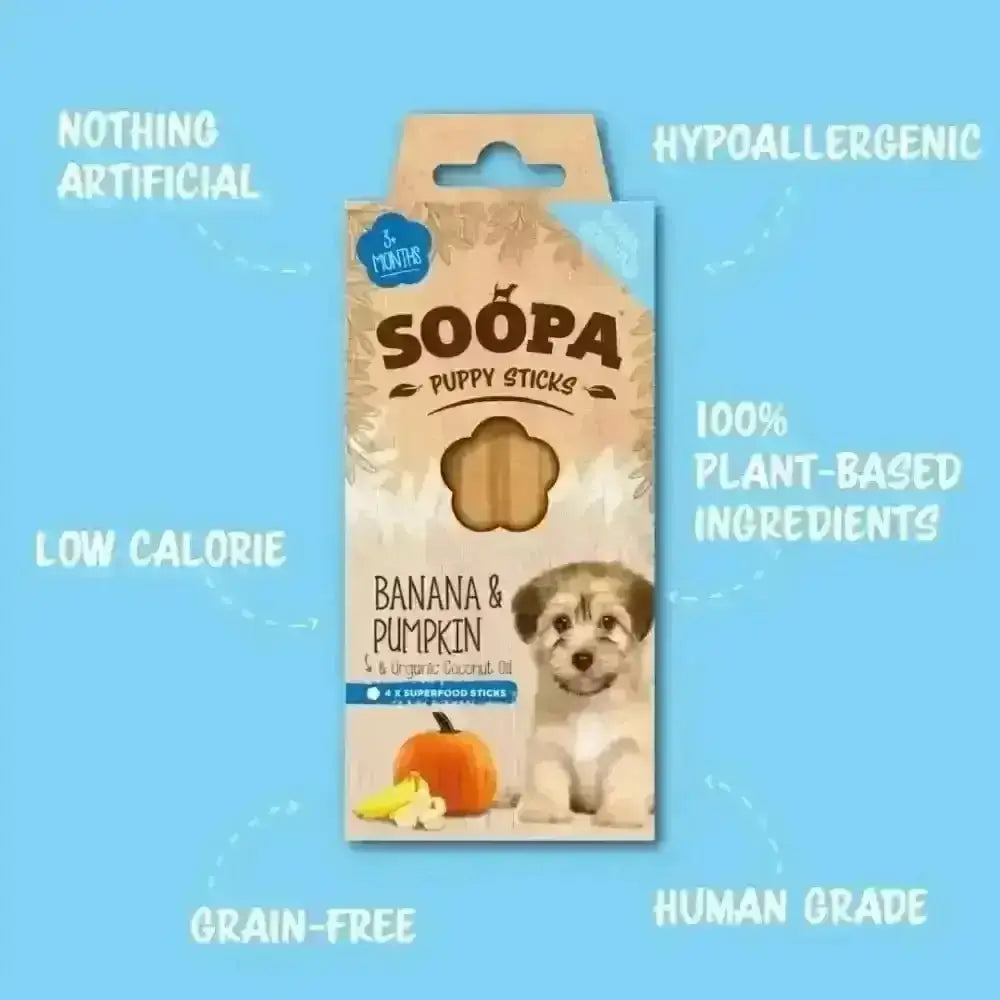 Soopa Banana and Pumpkin Puppy Dental Sticks with plant-based, hypoallergenic ingredients