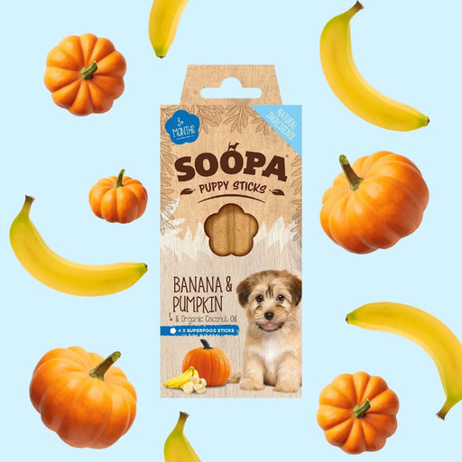 Soopa Banana & Pumpkin Puppy Sticks Natural Low Fat Dog Chews Made From Fruit And Vegetables.