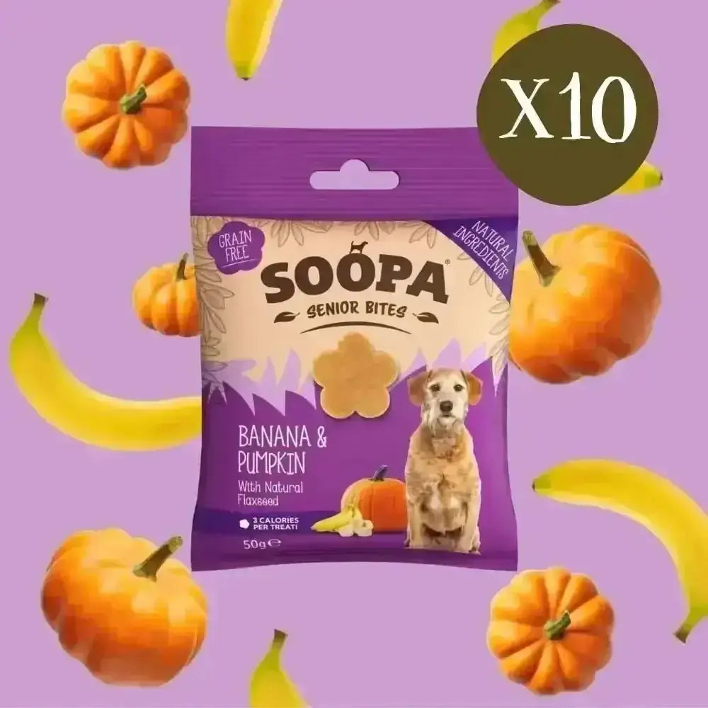 Soopa Banana & Pumpkin Senior Bites dog treat bag with coconut oil