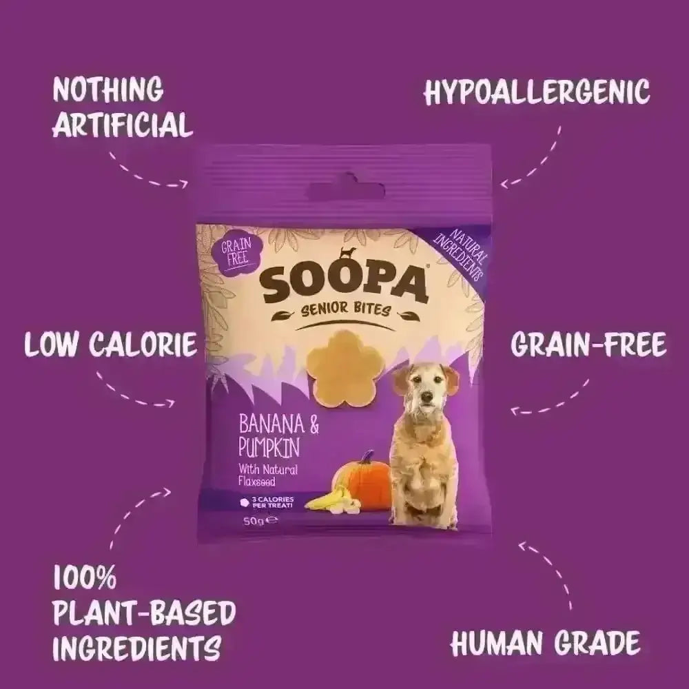 Soopa Banana & Pumpkin Senior Bites bag with coconut oil on purple background