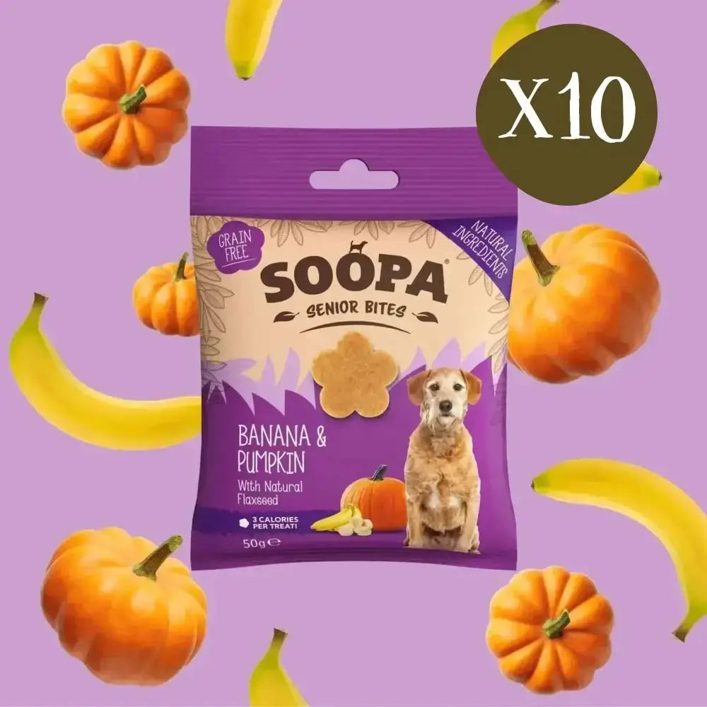 Soopa Banana & Pumpkin Senior Bites dog treat bag with coconut oil