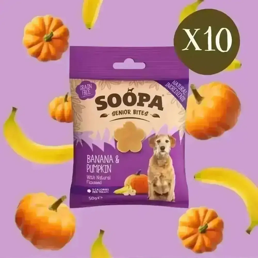 Soopa Banana & Pumpkin Senior Bites dog treat bag with coconut oil