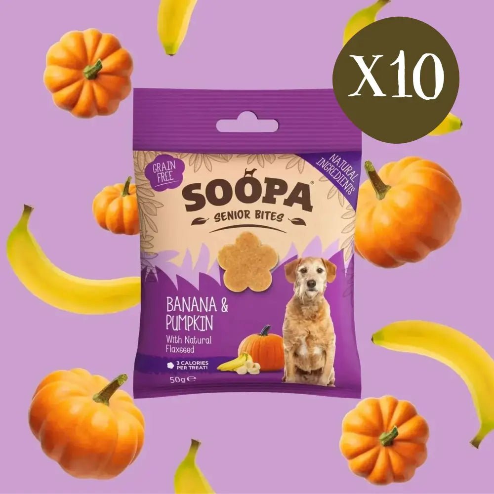 Soopa Banana & Pumpkin Senior Bites dog treat bag with coconut oil