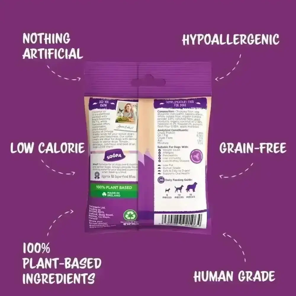 Soopa Banana & Pumpkin Senior Bites for senior dogs on purple background