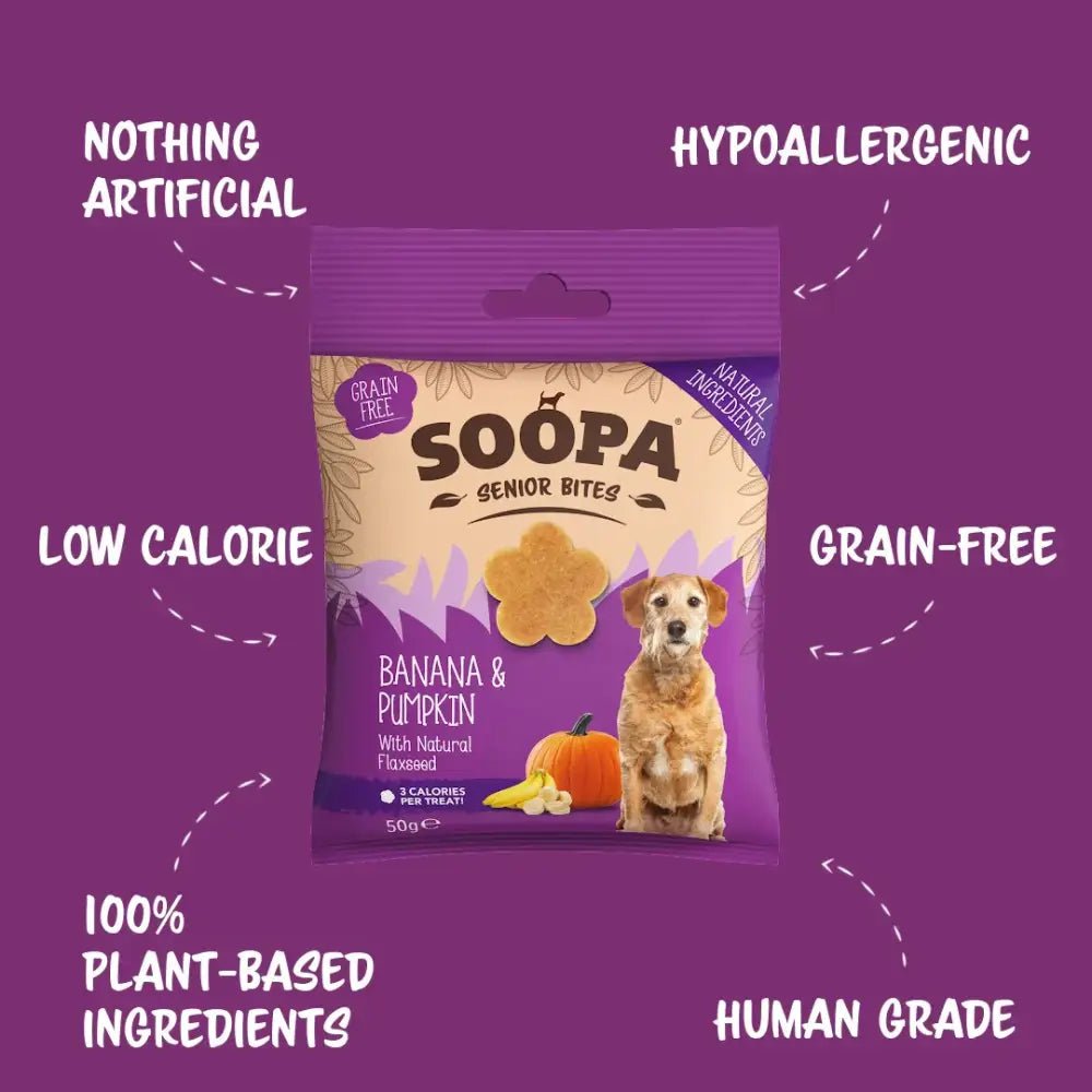 Soopa Banana & Pumpkin Senior Bites for senior dogs on purple background