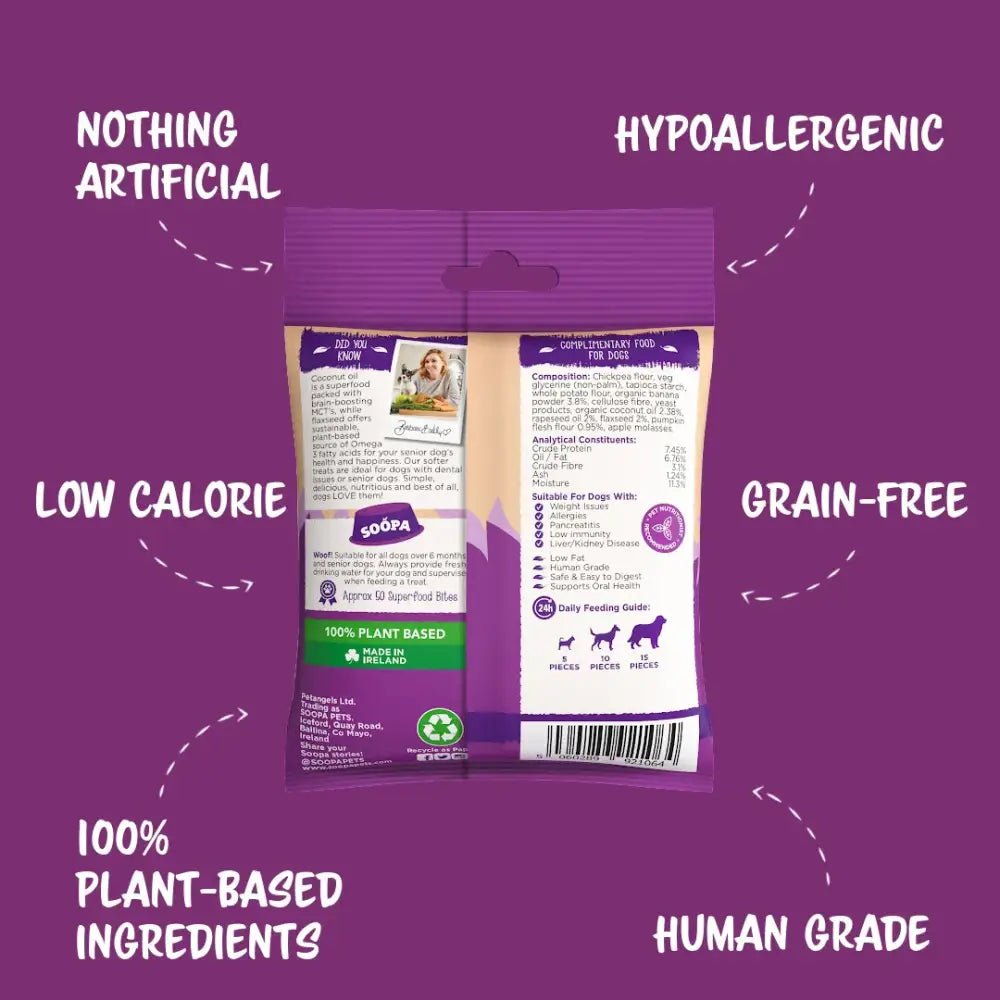 Soopa Banana & Pumpkin Senior Bites for senior dogs on purple background
