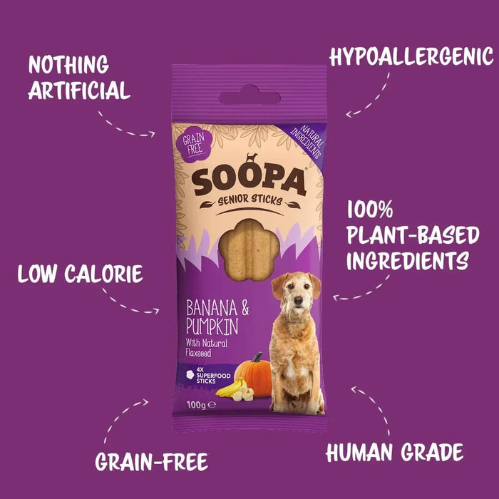 Soopa Banana & Pumpkin Senior Sticks Natural Low Fat Dog Chews Made From Fruit And Vegetables.