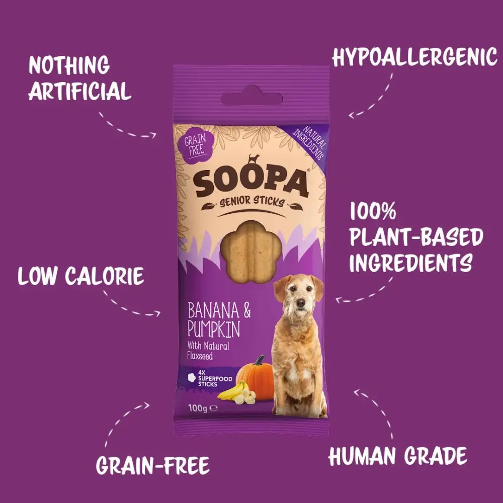 Soopa Banana & Pumpkin Dental Sticks for Senior Dogs in Purple Package