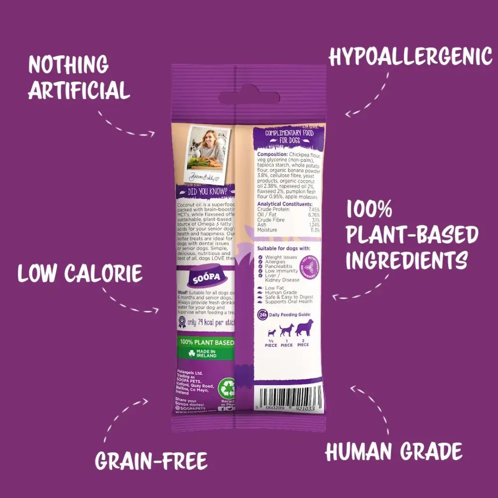 Soopa Banana & Pumpkin dental sticks for senior dogs with plant-based ingredients