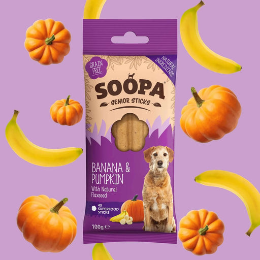 Soopa Banana & Pumpkin Senior Sticks Natural Low Fat Dog Chews Made From Fruit And Vegetables.