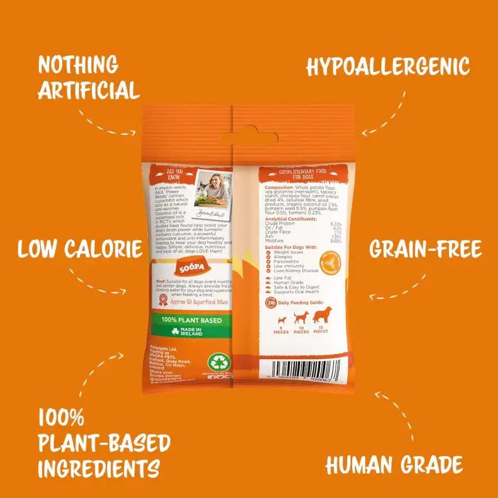Orange Soopa Carrot and Pumpkin Bites bag with plant-based ingredients and hypoallergenic label