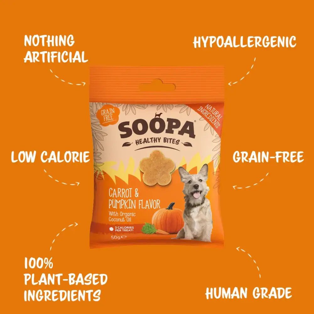 Soopa Carrot and Pumpkin Bites healthy dog treats, grain-free, with soopa carrot flavor