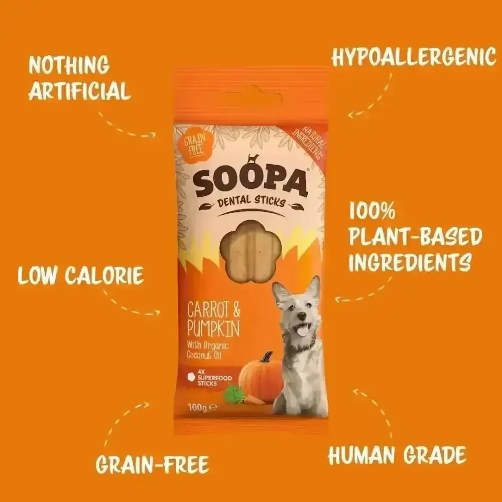Soopa Carrot and Pumpkin Dental Sticks for Dogs in a box of 10, human grade pumpkin dental treats