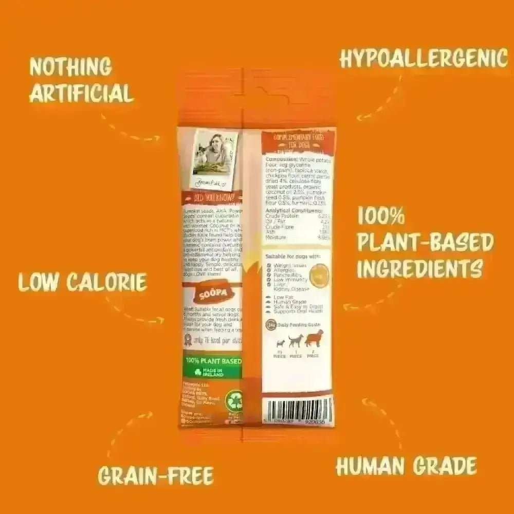 Orange Soopa Carrot & Pumpkin Dental Sticks packaging with plant-based, hypoallergenic ingredients
