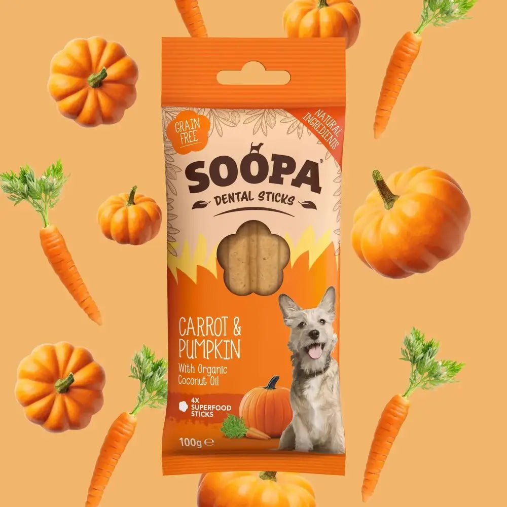 Soopa Carrot & Pumpkin Dental Sticks for Dogs, 100g Bag, human grade dental treats