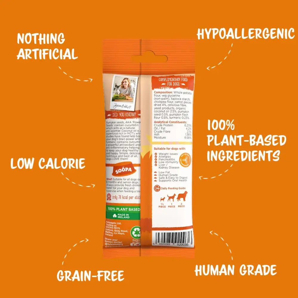 Orange Soopa Carrot & Pumpkin Dental Sticks packaging with plant-based, hypoallergenic ingredients