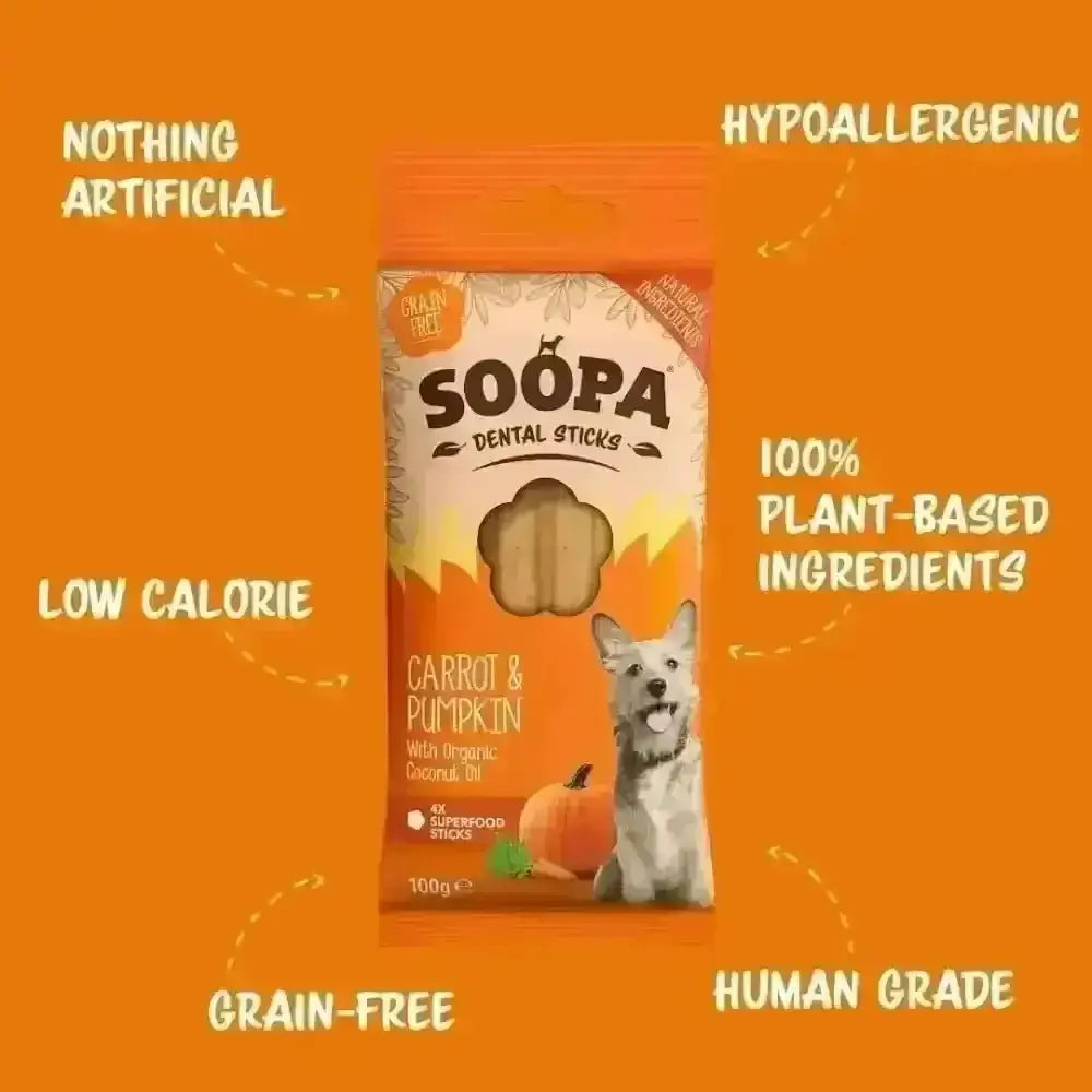 Soopa Carrot and Pumpkin Dental Sticks dog treat bag with human grade dental sticks