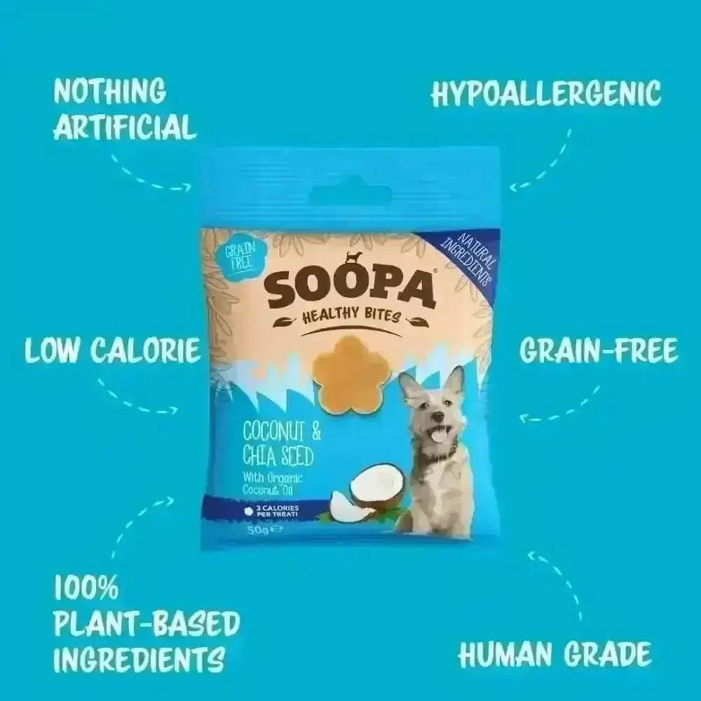 Soopa Coconut and Chia Seed human grade dog treats in blue package