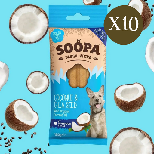 Soopa Coconut & Chia Seed Dental Sticks - Box of 10 - Natural Dog Chew