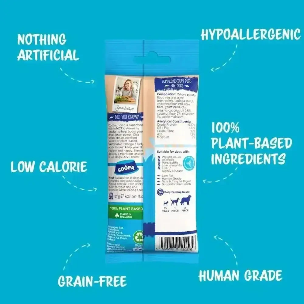 Soopa Coconut and Chia Seed Dental Sticks: hypoallergenic blue packaging with plant-based ingredients