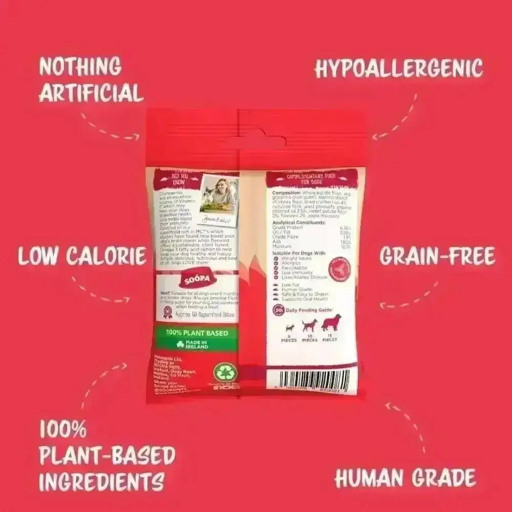 Soopa Cranberry & Sweet Potato Bites red dog food bag with plant-based ingredients