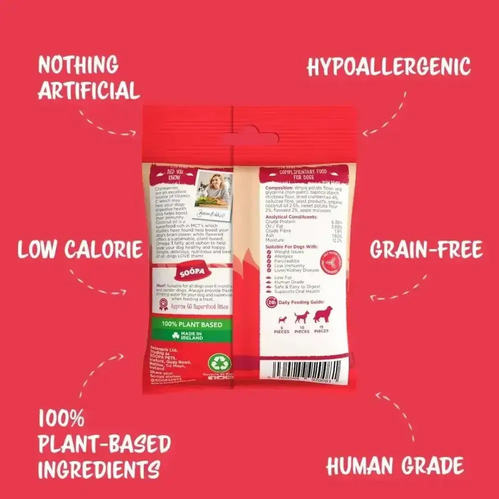 Soopa Cranberry & Sweet Potato Bites red dog food bag with plant-based ingredients