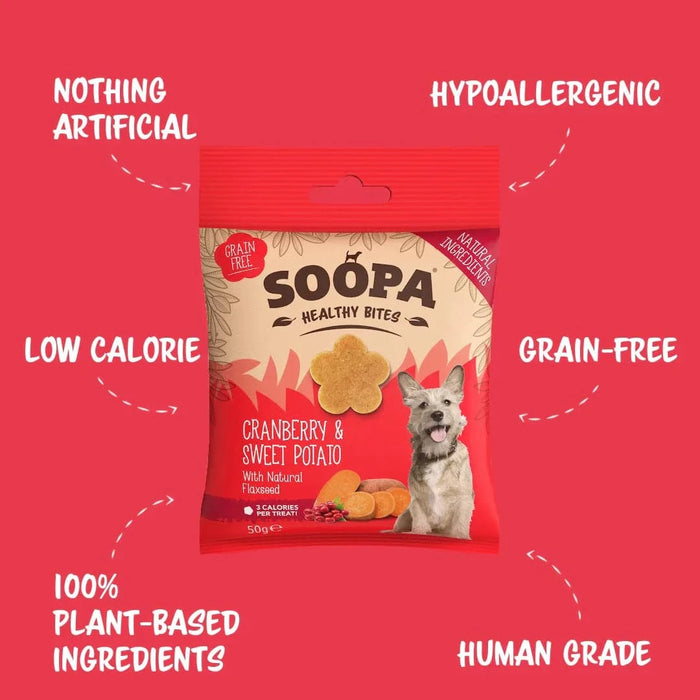 Soopa Cranberry & Sweet Potato Bites Natural Low Fat Dog Chews Made From Fruit And Vegetables.