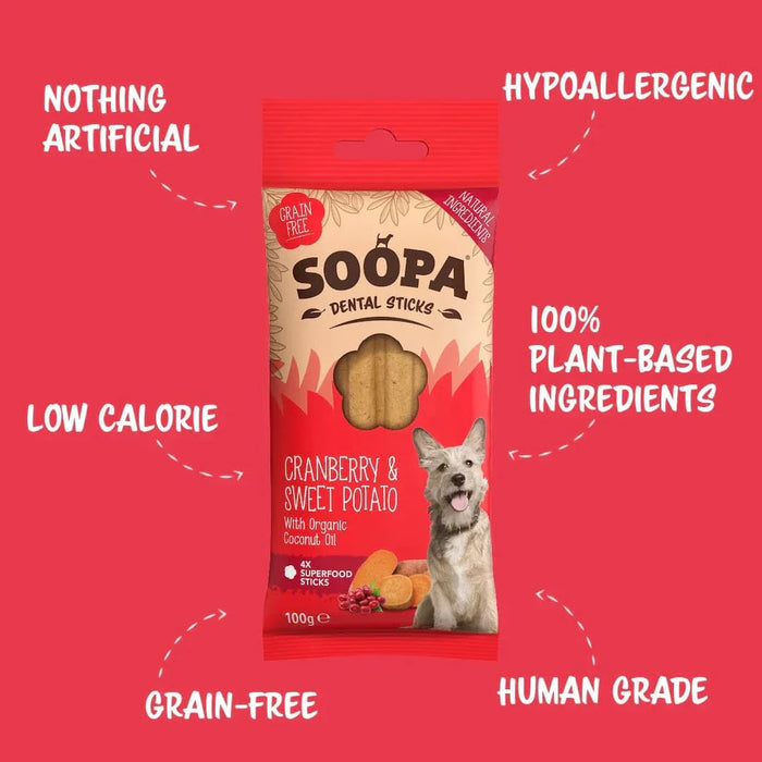 Soopa Cranberry & Sweet Potato Dental Stick Natural Low Fat Dog Chews Made From Fruit And Vegetables.